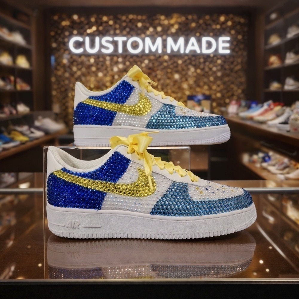 Custom Nike Air Force 1 Low Rhinestone Crystal Blue Yellow White Sneakers Womens - Picture 6 of 6